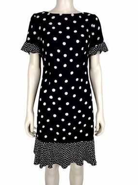 Talbots Black and White Crepe Polka Dot Ruffled Hem Midi Shift Dress Size 2P